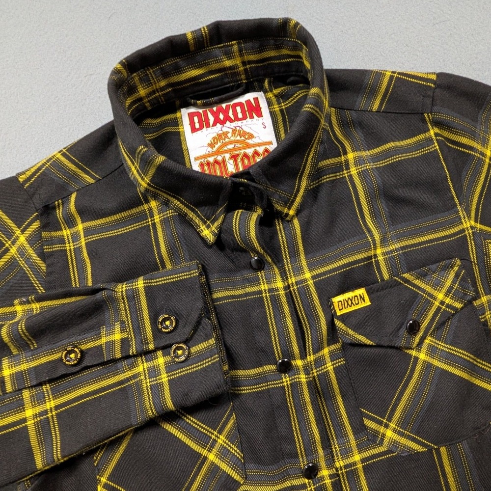 Dixxon Flannel Co Voltage Shirt Womens Small Black Yellow Plaid Button Up D-Tech